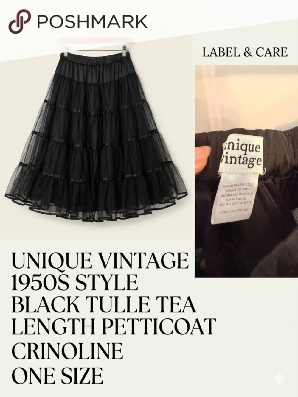 Unique Vintage 1950s Style Black Tulle Tea Length Petticoat Crinoline One Size